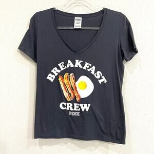 Pink Victoria's Secret Breakfast Crew Charcoal Gray Short Sleeve Tee - Small